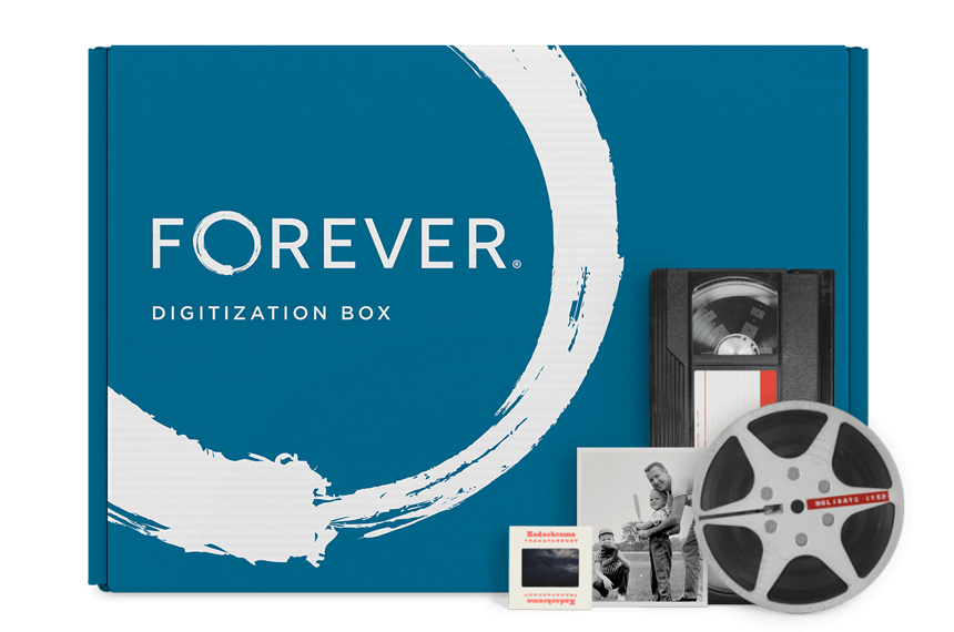 A Small FOREVER box with some media to be digitized and a tablet showing the end result.