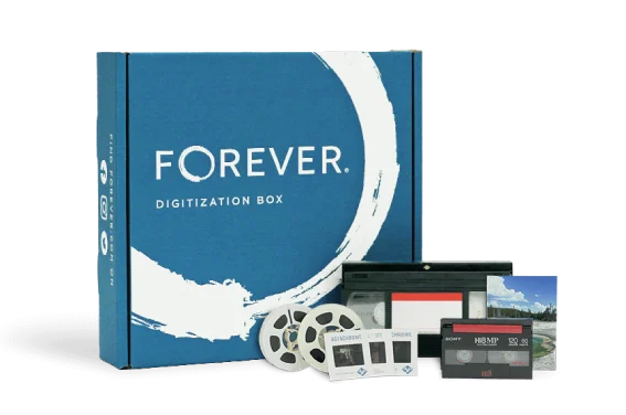 A Small FOREVER Digitzation Box with some media to be digitized and a tablet showing the end result.