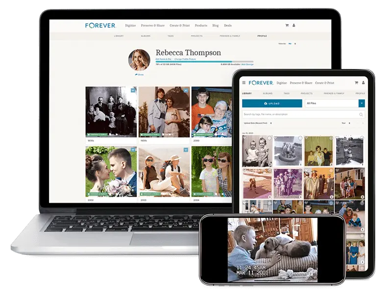 Family photos displayed across FOREVER digital storage on a laptop, tablet, and smartphone.