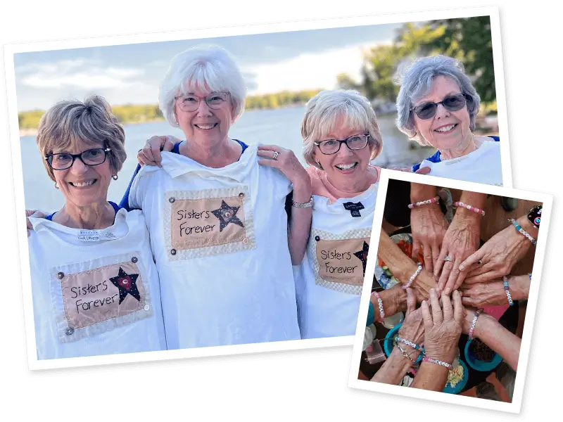 Sorority sisters wearing 'Sisters Forever' shirts at a lakeside reunion, alongside a close-up of their hands joined together wearing matching beaded bracelets