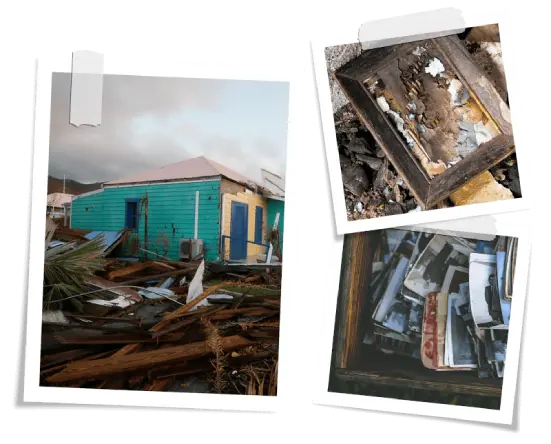 Collage of storm destruction: a turquoise house amid debris, alongside damaged picture frames and scattered old photographs.