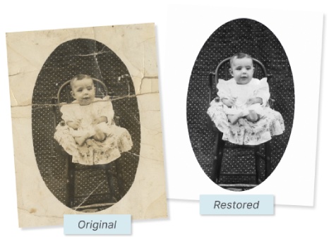 A restored photo of a baby on a chair, repaired from a cracked, aged original.