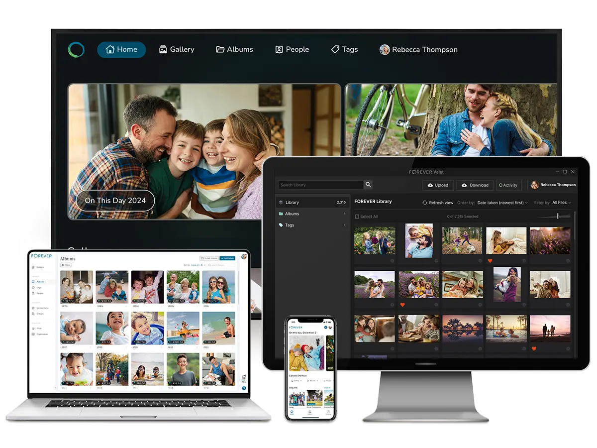 FOREVER apps shown across a desktop monitor, laptop, smartphone, and the Valet uploader