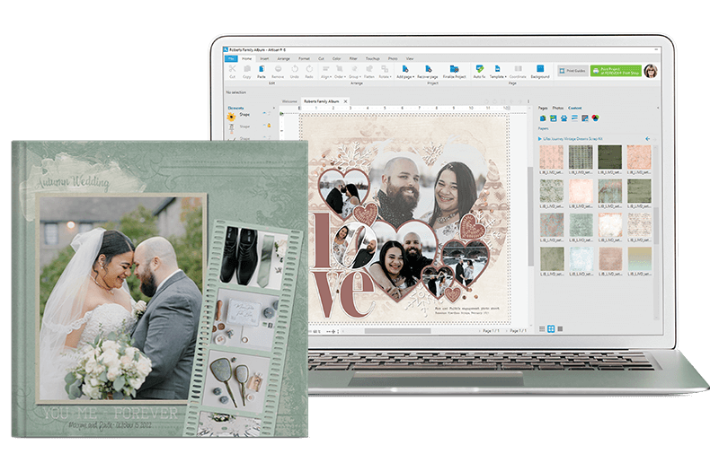 A wedding photo book and a laptop displaying Artisan 6 software with the book's layout in progress.