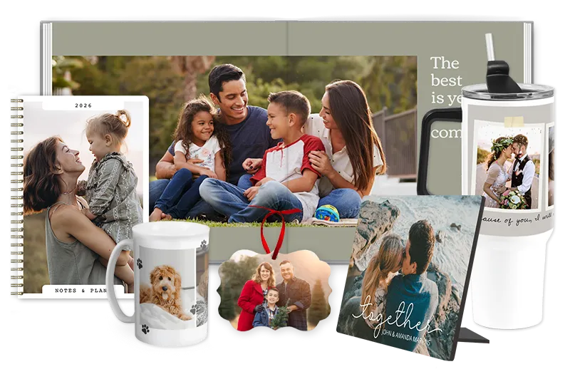 Custom photo products including spiral photo book, mug, water bottle, ornament, and photo card with family images.