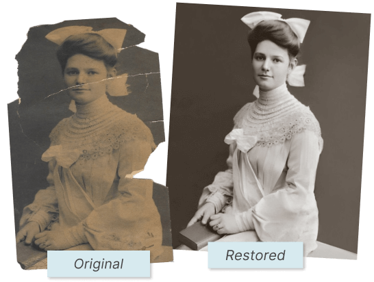 Side-by-side comparison of a vintage portrait of a woman, with the torn original on the left and the digitally restored version on the right.